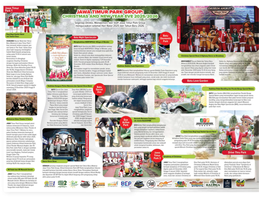 Segenap Direksi, Manajemen, dan Staff Jawa Timur Park Group mengucapkan selamat Hari Natal 2025 dan Tahun Baru 2026.