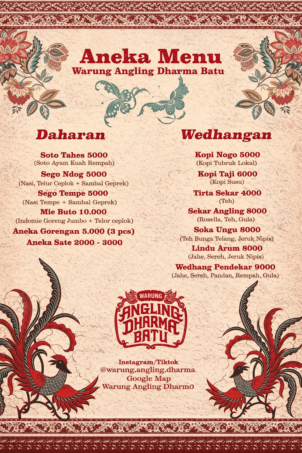 HARGA MENU: Berikut detail harga menu yang disediakan di warung Angling Dharma. (Instagram: warung.angling.dharma)