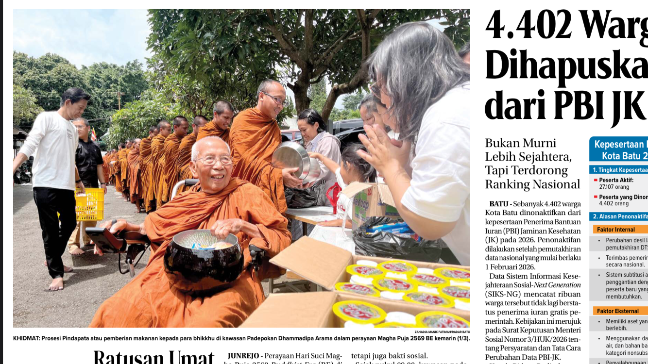 HIKMAT: Prosesi Pindapata di kawasan Padepokan Dhammadipa Arama, Jalan Ir. Soekarno, Kelurahan Beji, Kecamatan Junrejo dalam perayaan Magha Puja 2569 BE kemarin (1/3). 