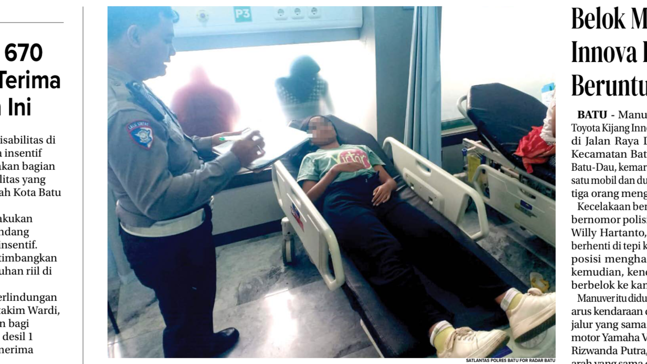 NAHAS: Salah satu korban laka beruntung di Jalan Raya Diponegoro, Batu, Karen Hossyanna Sarosa, 15, mengalami cedera tangan kanan dan dirawat di Rumah Sakit Hasta Brata kemarin (1/3). 