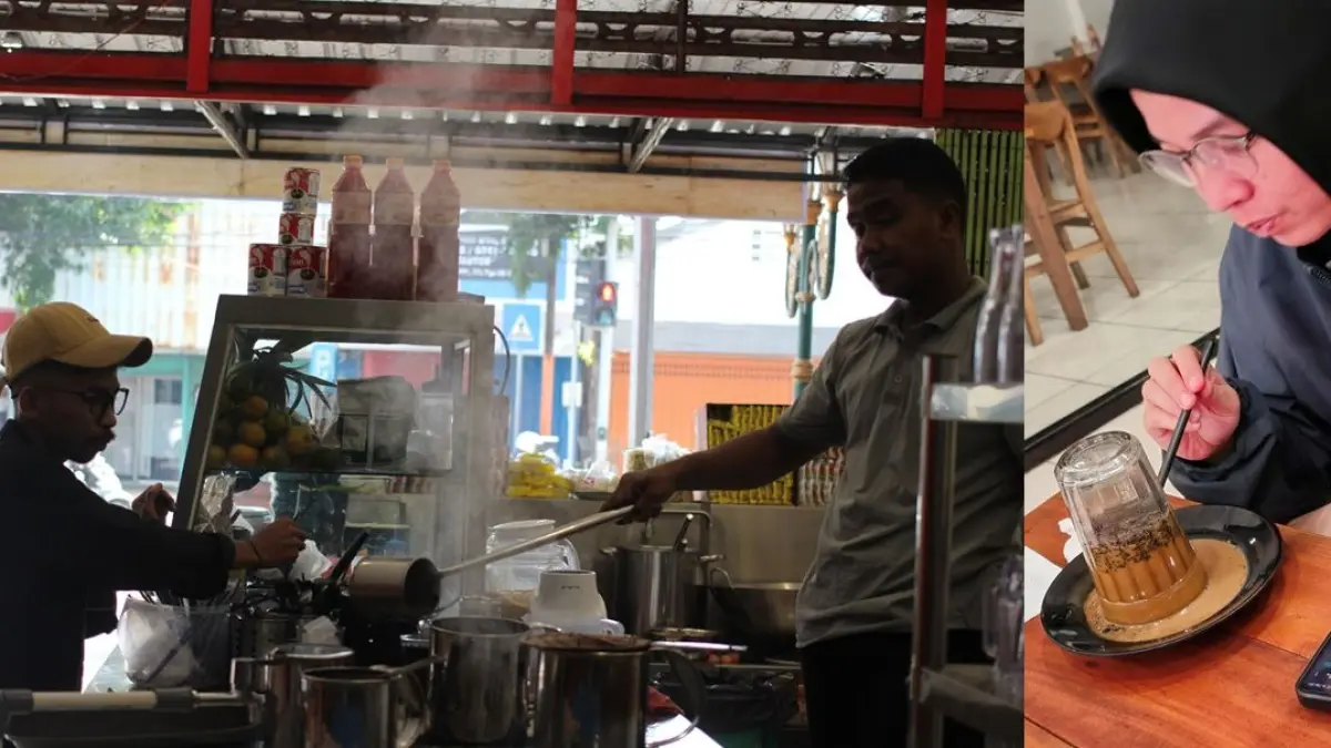 UNIK: Salah seorang pengunjung mencoba merasakan sensasi minum Kopi Khop di Kecamatan Klojen beberapa waktu lalu. (RAYYAN SUGANGGA/FREELANCE RADAR MALANG)