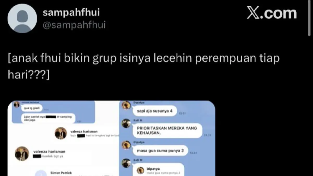 RAMAI DIBAHAS: Bukti tangkapan layar sebuah grup chat mahasiswa Fakultas Hukum Universitas Indonesia yang melakukan pelecehan seksual.