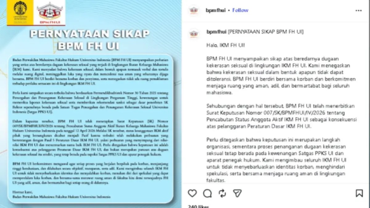 RESMI: Tangkapan layar pernyataan resmi dari Badan Perwakilan Mahasiswa Fakultas Hukum Universitas Indonesia pada akum resminya terkait pelaku pelecehan seksual.