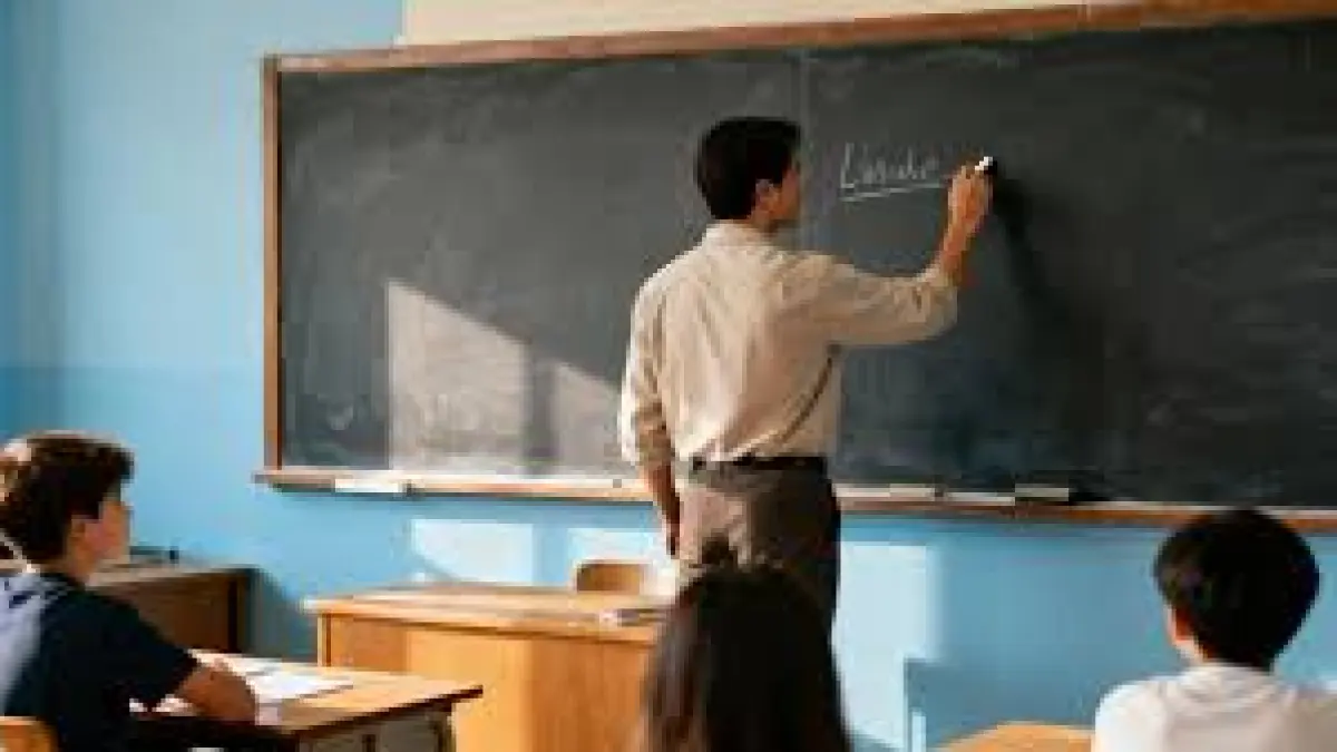 Seorang guru mengajar di depan kelas (sumber: Masoem University)