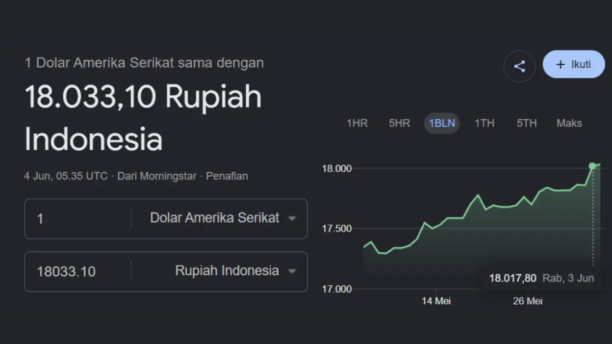 Pelemahan Rupiah yang Signifikan terhadap Dolar AS (sumber foto: google finance)