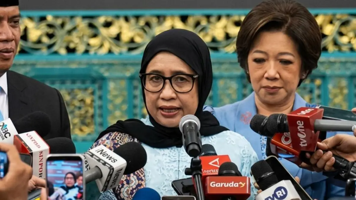 Nanik S. Deyang Kepala BGN baru memberikan keterangan kepada media setelah pelantikan dan pengambilan sumpah jabatan, Senin (8/6). (Sumber: Istimewa).