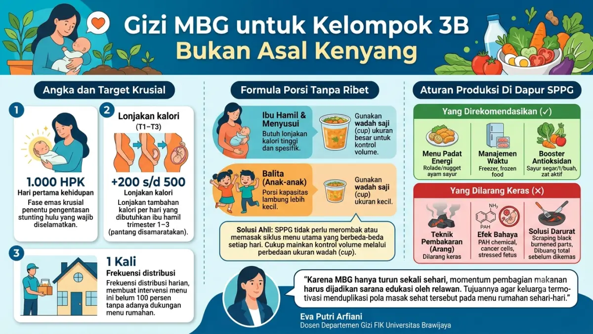 INFOGRAFIS: Pakar peringatkan porsi ideal MBG untuk ibu hamil dan balita. Ahli Gizi UB pantang makanan bakar demi hindari zat pemicu kanker janin. Dinas Kesehatan (Dinkes) Kota Batu dituntut jadikan distribusi sebagai ajang edukasi gizi keluarga.