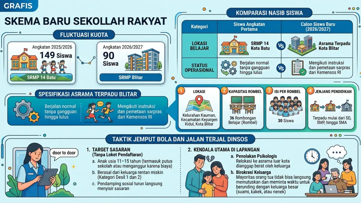 INFOGRAFIS: Siswa baru Sekolah Rakyat Menengah Pertama (SRMP) tahun ajaran 2026/2027 akan diboyong ke asrama terpadu Kota Blitar. Kebijakan itu merujuk skema baru Sistem Penerimaan Murid Baru (SPMB) dari Kementerian Sosial RI.