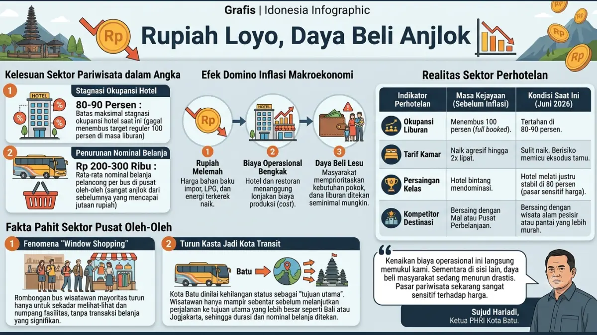 RUPIAH ANJLOK: Grafis data dampak rupiah anjlok ke sektor pariwisata, perhotelan, dan pusat oleh-oleh di kota Batu.