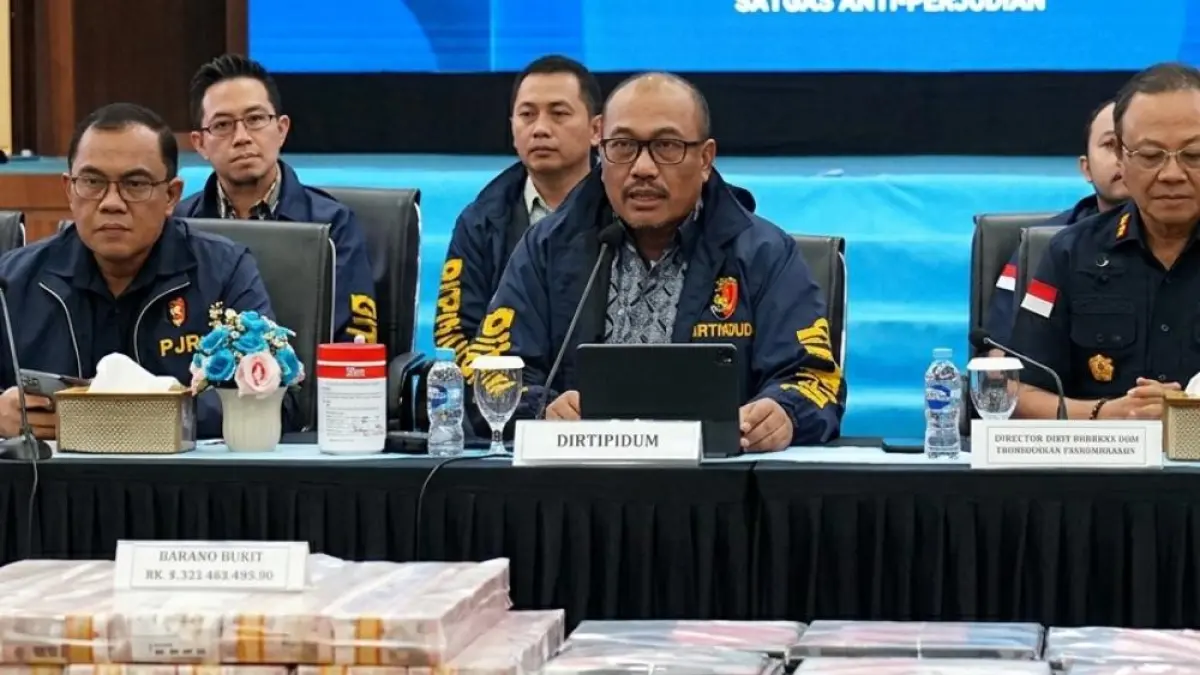Kegiatan konferensi pers di gedung Bareskrim Polri, Jakarta Selatan, pada Jumat (26/6). (Istimewa).