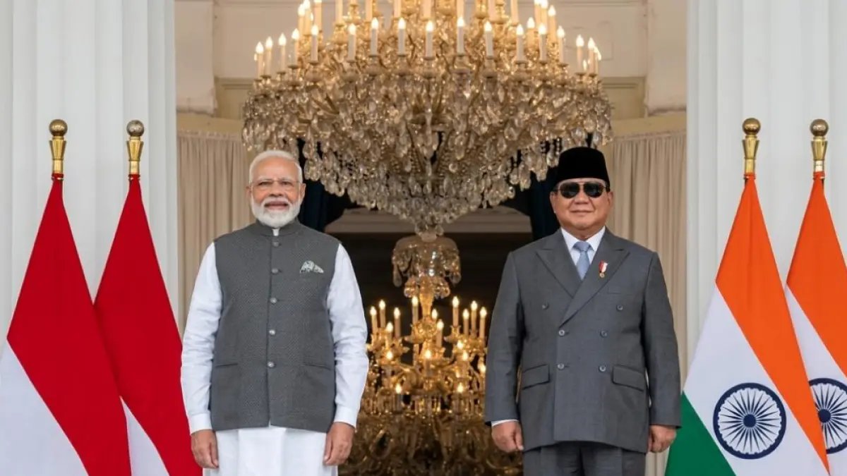 Perdana Menteri India, Narendra Modi, bersama Presiden RI, Prabowo Subianto dalam kunjungan kenegaraan di Ruang Nusantara IV, Kompleks Parlemen, Senayan, Jakarta, Selasa (7/7). (Istimewa).