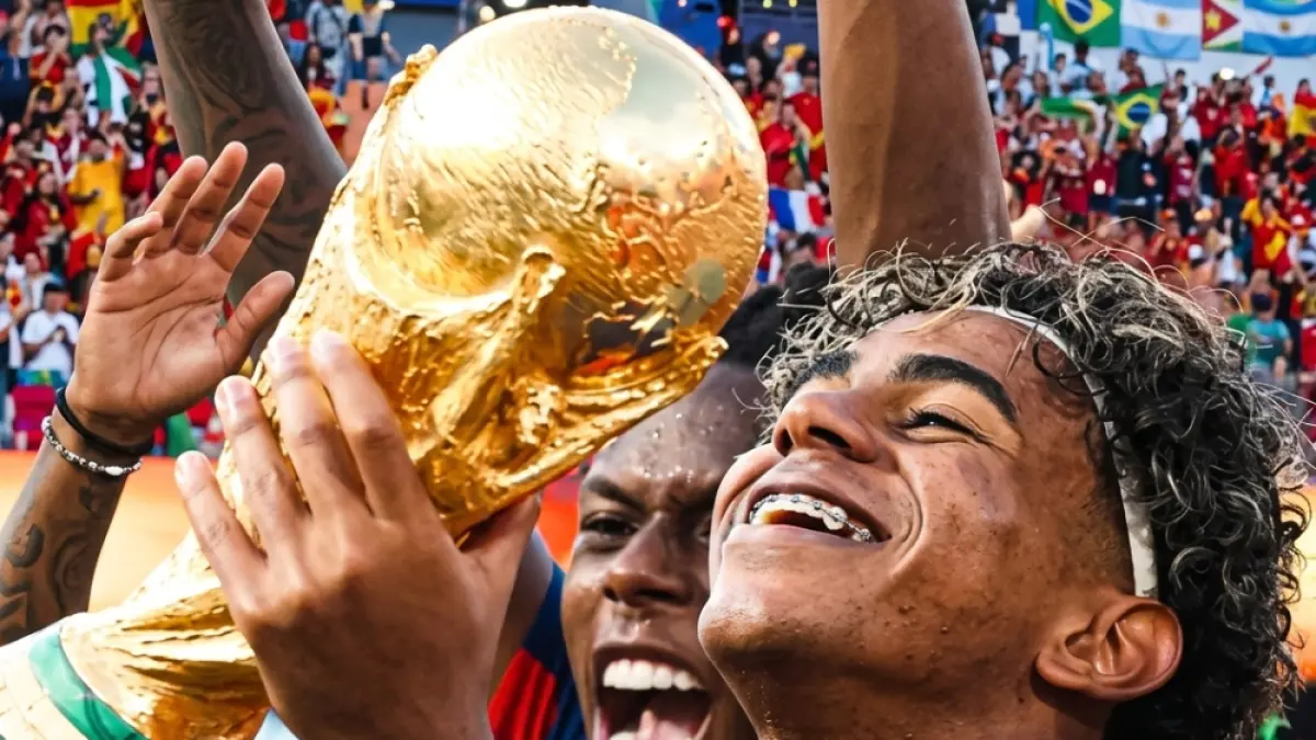 Lamine Yamal, pemain Timnas Spanyol mengangkat trofi kemenangkan ajang Piala Dunia 2026. (Istimewa).