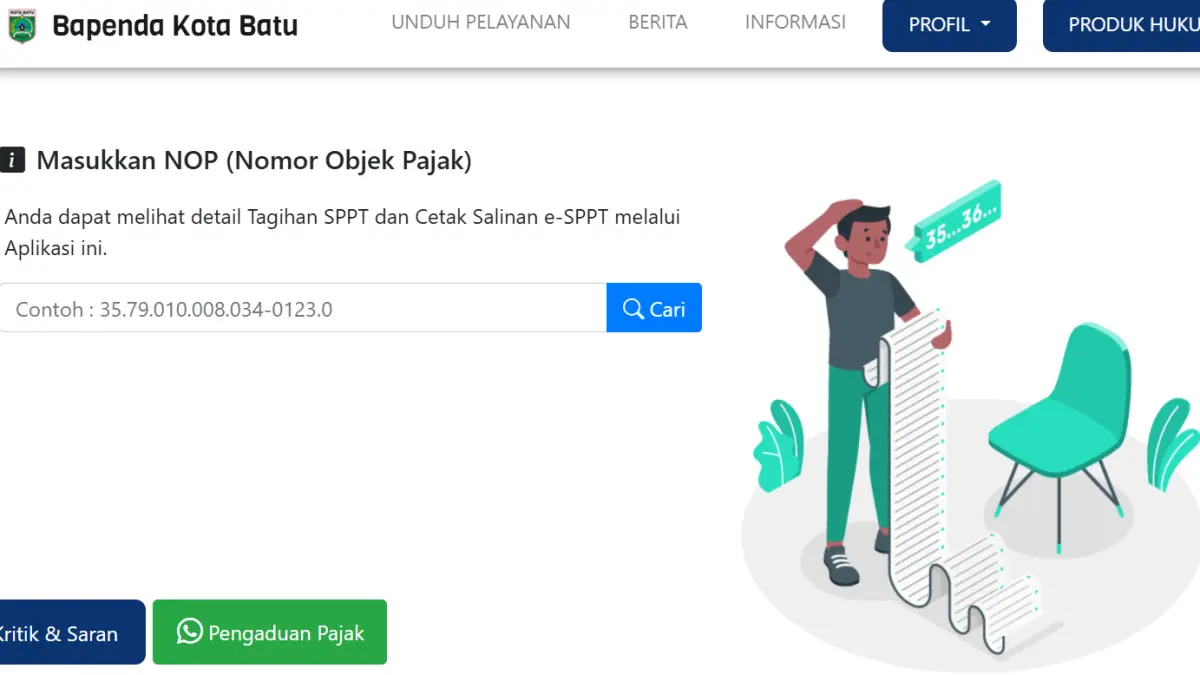 Laman e-SPPT di situs resmi Bapenda Kota Batu (Bapenda Kota Batu)