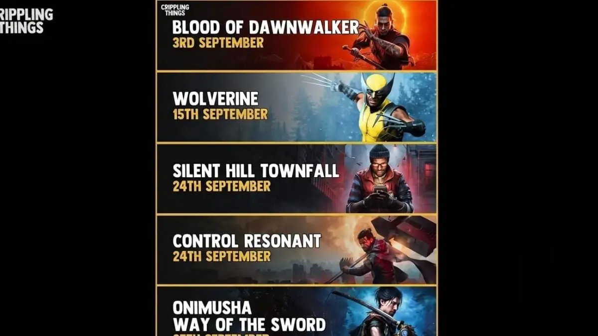 Infografik daftar jadwal rilis deretan gim aksi dan petualangan populer sepanjang September 2026, mulai dari Blood of Dawnwalker, Marvel