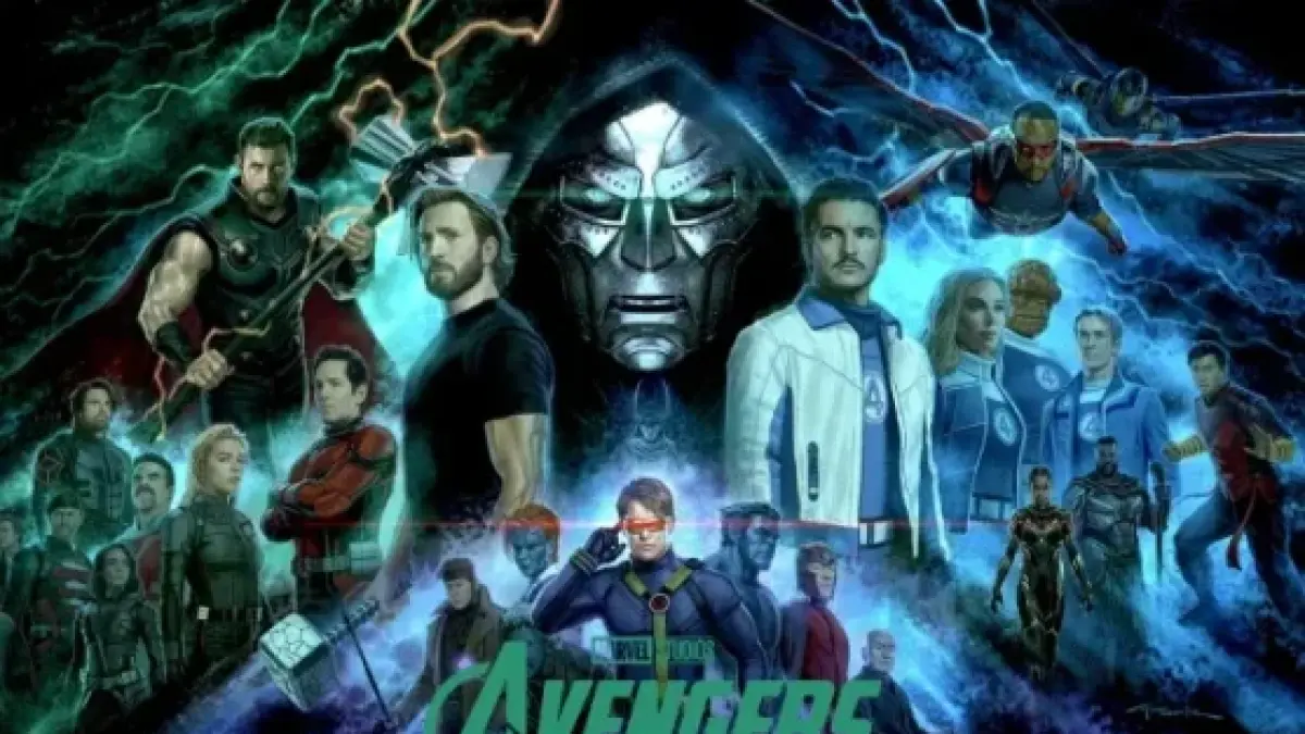 Poster konsep promosi film Marvel Studios Avengers: Doomsday yang menampilkan Doctor Doom diapit oleh jajaran pahlawan semesta MCU, Fantastic Four, hingga mutan X-Men seiring peluncuran cuplikan video terbarunya. (Foto: RRI)