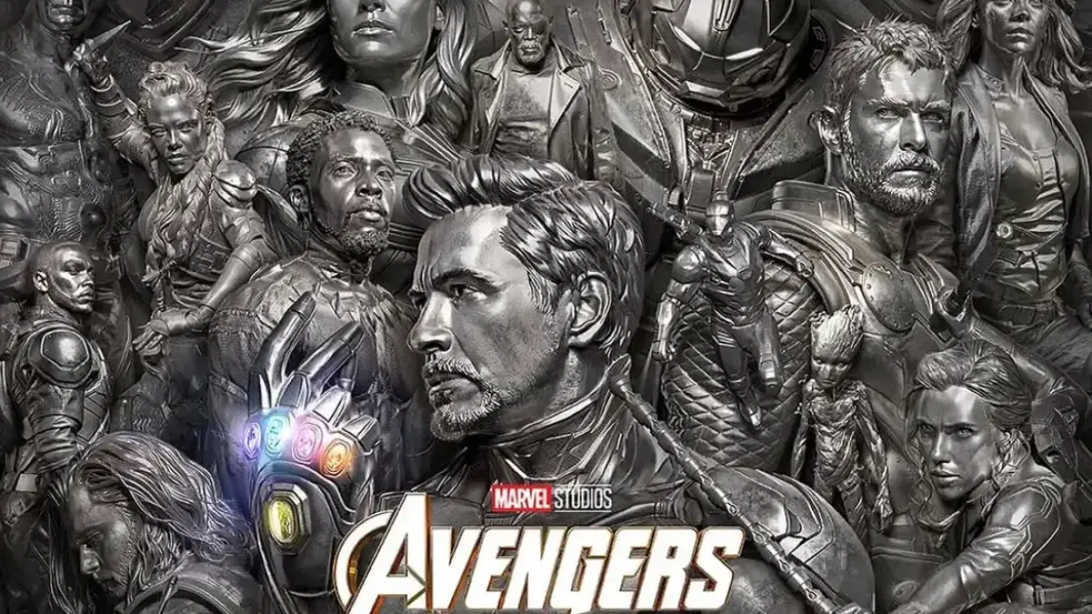 Poster monokrom sinematik Marvel Studios yang menampilkan para pahlawan Avengers dalam rangka penayangan ulang Avengers: Endgame Encore pada September 2026 sebagai jembatan narasi menuju Avengers: Doomsday. (Foto: Radar Malang)