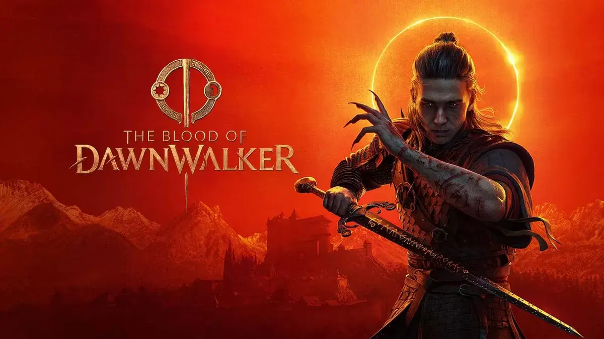 Visual promosi resmi gim RPG aksi bertema vampir The Blood of Dawnwalker yang menampilkan karakter utama bersenjatakan pedang dengan latar lanskap bernuansa merah membara jelang perilisannya. (Foto: Dok. Rebel Wolves / Bandai Namco via Suara Merdeka Diorama)