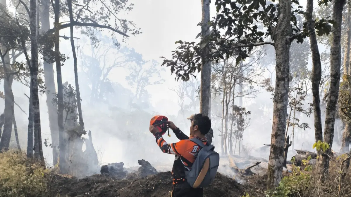 Personel BPBD Kota Batu berada di titik kebakaran Gunung Buthak. (BPBD Kota Batu)