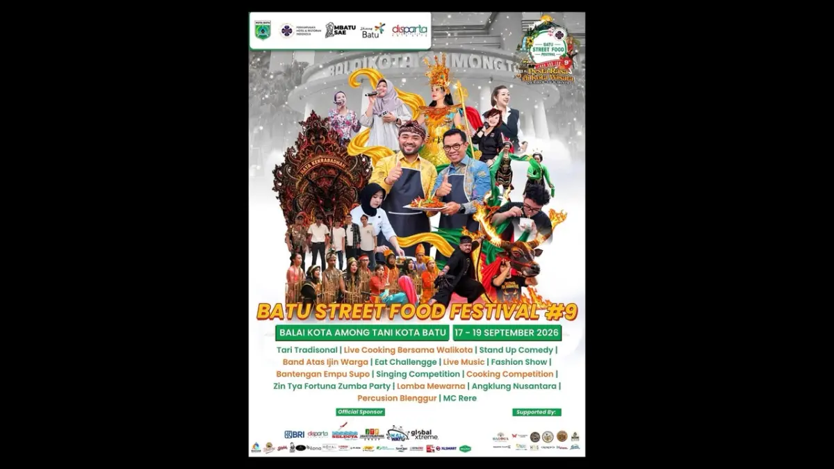 Poster Batu Street Food Festival (BSFF) #9 yang akan digelar pada 17-19 September 2026 di Balai Kota Among Tani Kota Batu dengan berbagai rangkaian acara dan hiburan. (Sumber: Instagram/@batustreetfoodfestival)
