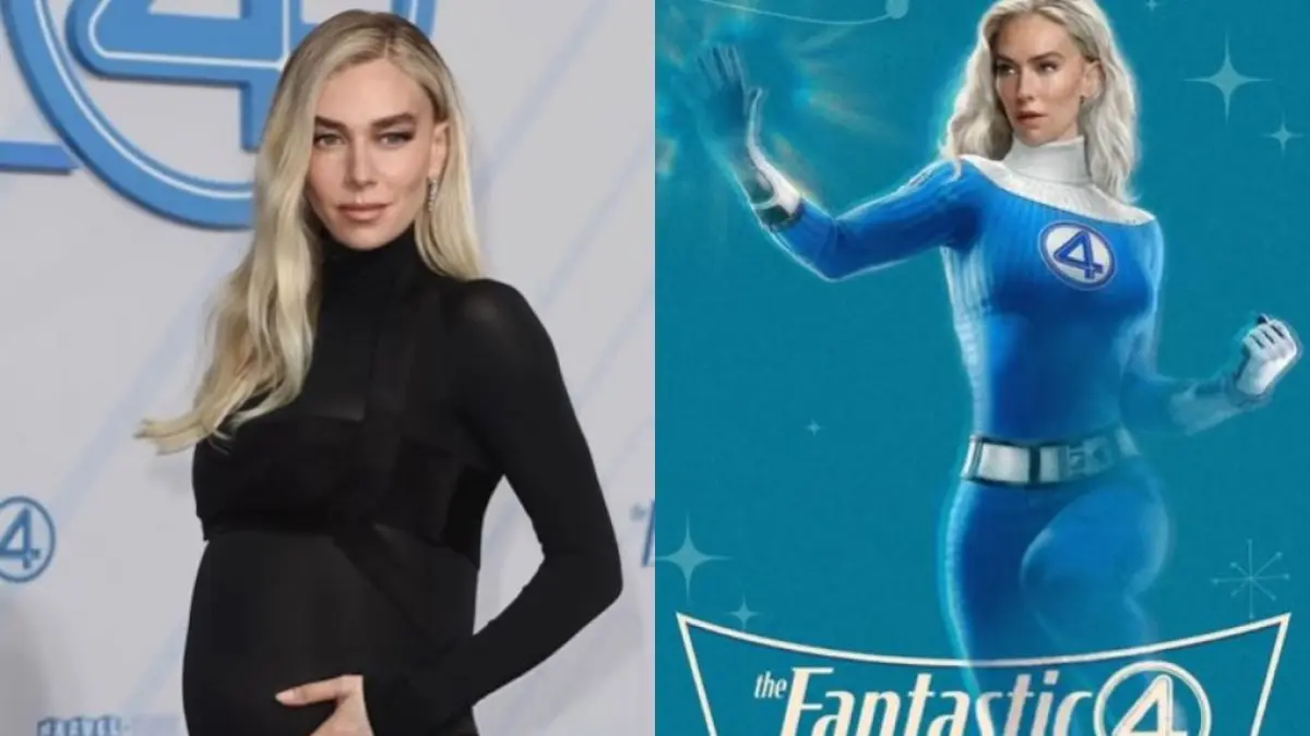 Vanessa Kirby saat memamerkan baby bump di karpet merah (kiri) disandingkan dengan karakternya sebagai Sue Storm alias The Invisible Woman dalam semesta Fantastic Four (kanan), seiring pengakuannya mengenai pengalaman syuting film Avengers: Doomsday di masa kehamilan. (Foto: Dok. Marvel Studios / Grid.ID)