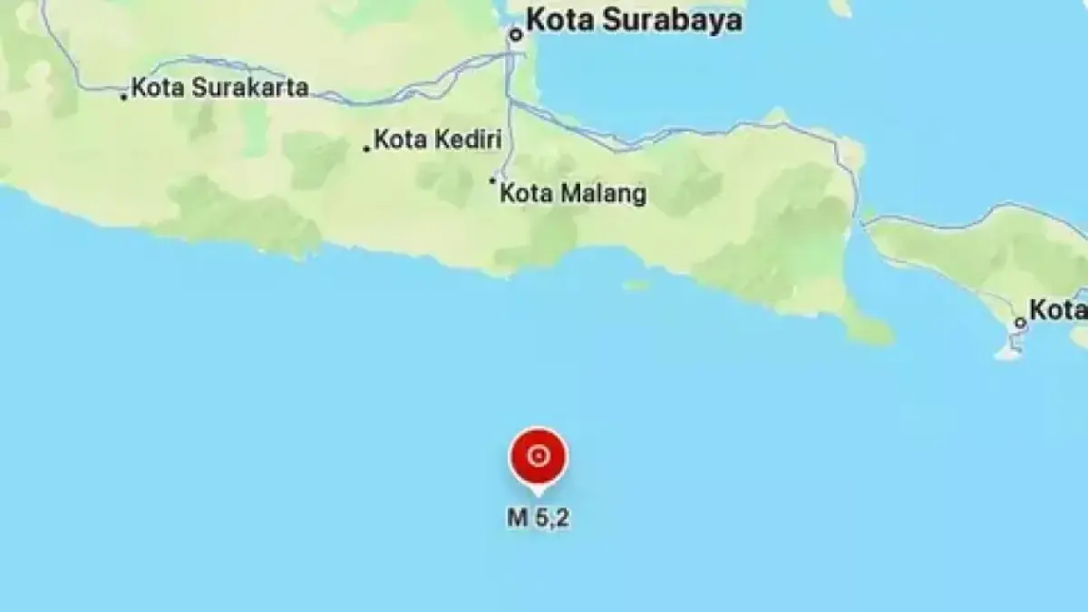 Peta guncangan (shakemap) gempa M5,2 di tenggara Kabupaten Malang, Jawa Timur, Senin (14/9/2026). Foto: BMKG