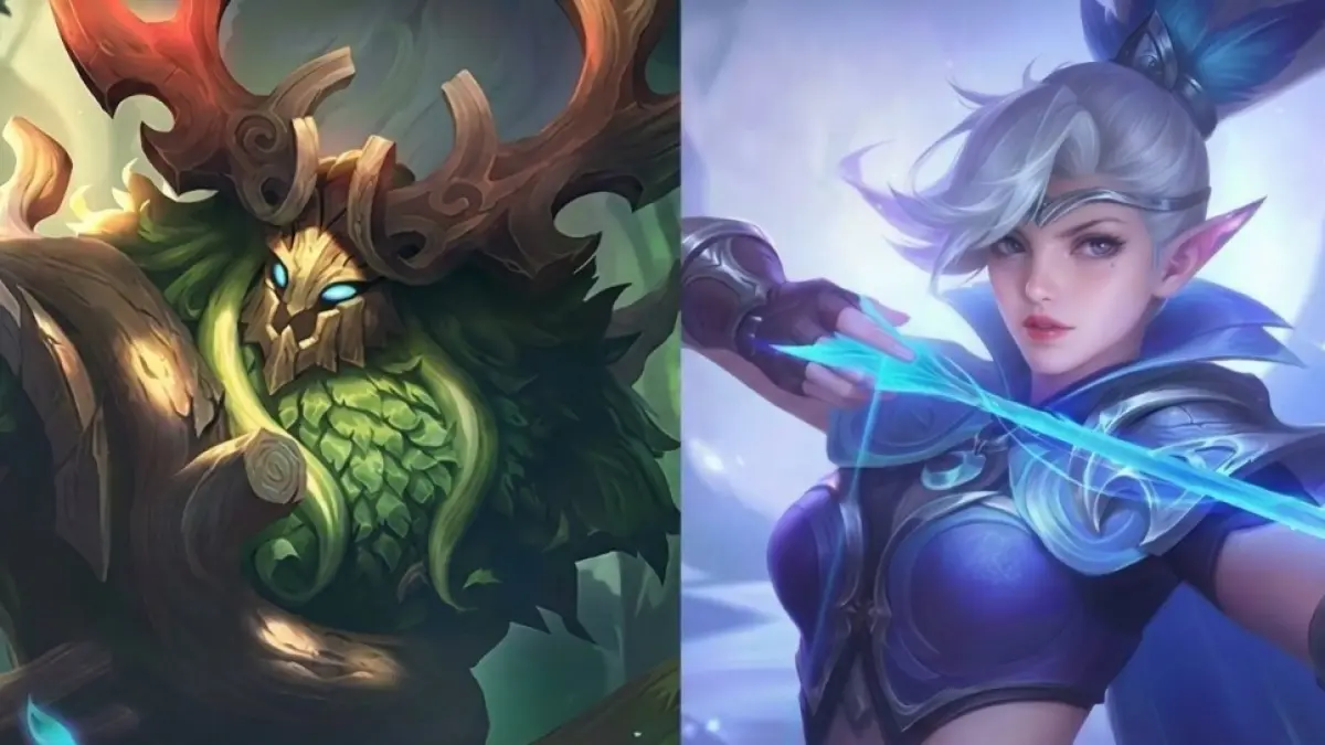 Hero Belerick dan Miya dari Mobile Legends: Bang Bang (MLBB), menyoroti dominasi statistik akhir Season 41 di mana Belerick mencatatkan ban rate tertinggi hingga 58,38 persen sementara Miya menjadi hero terlaris sebelum terkena nerf pada peluncuran Patch 2.2.16 Season 42. (Foto: Dok. Moonton via mlcounters.app)