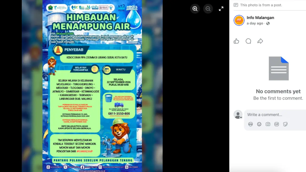 Informasi resmi Perumda Tugu Tirta mengenai kebocoran pipa Jurang Susuh Kota Batu. Sumber: tangkapan layar Facebook/@infomalangan.id