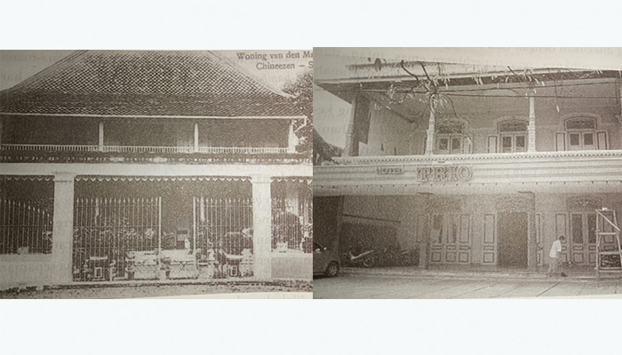 Salah satu rumah Majoor Tjan Sie Ing tahun 1920-an (kiri) yang sampai sekarang masih berdiri sebagai Hotel Trio (kanan) di Jalan Urip Sumoharjo Solo.
