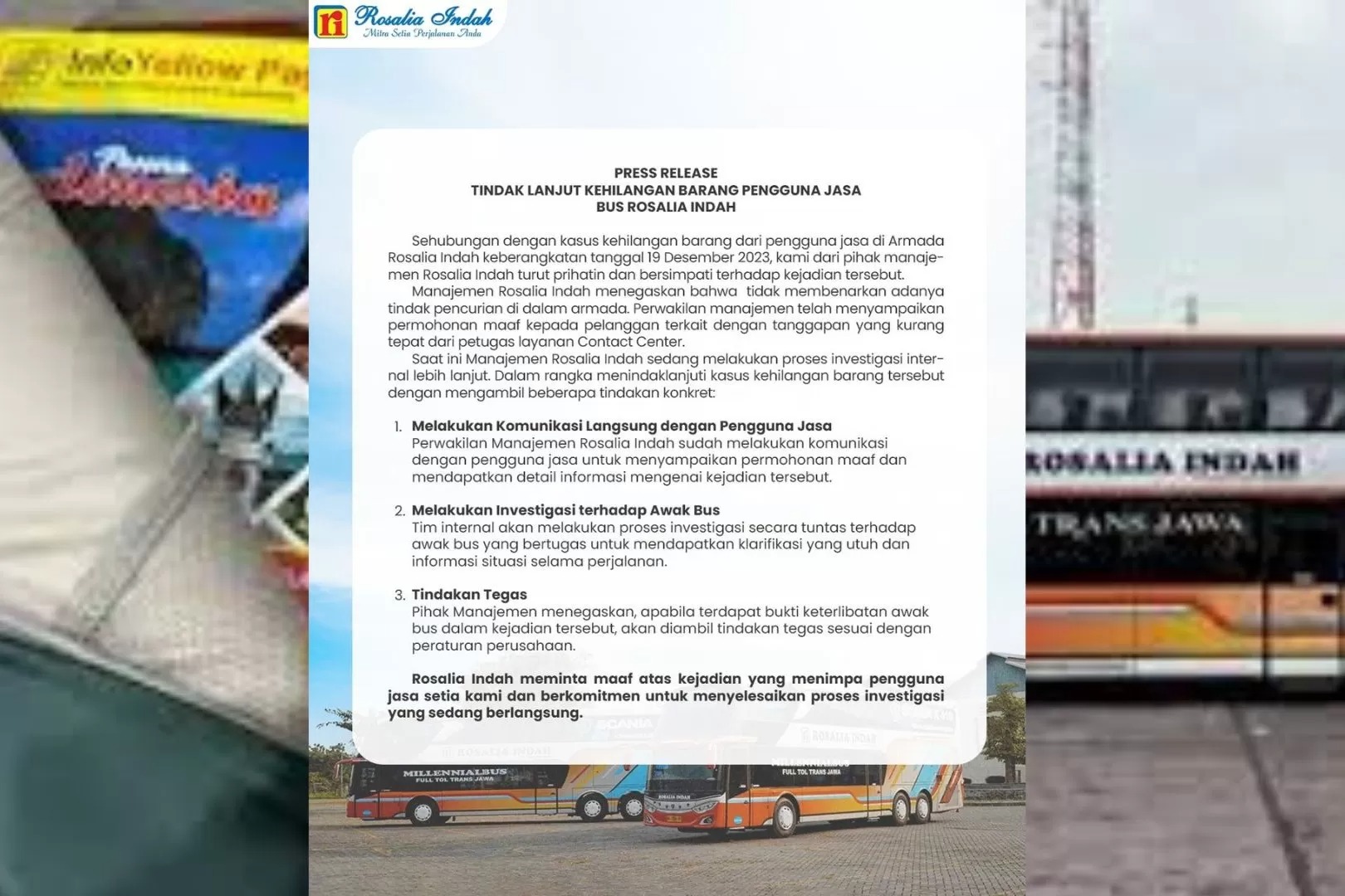 Perusahaan Otobus (PO) Rosalia Indah keluarkan press release tindak lanjut kehilangan barang penumpang. (Istimewa)
