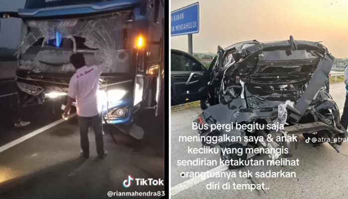 Kondisi body belakang mobil Pajero yang ringsek setelah diseruduk bus PO Haryanto.