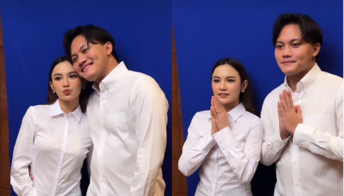 Mahalini dan Rizky Febian bagikan video saat ambil foto berlatarbelakang biru.