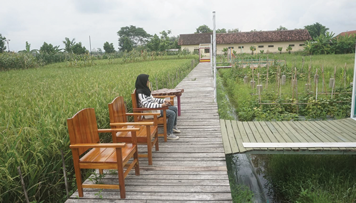 Sejumlah wisatawan sedang asyik berfoto ria pada pada spot photo di Rumah Makan dan Kolam Pemancingan Tirto Mili di Desa Pasung, Kecamatan Wedi, Klaten