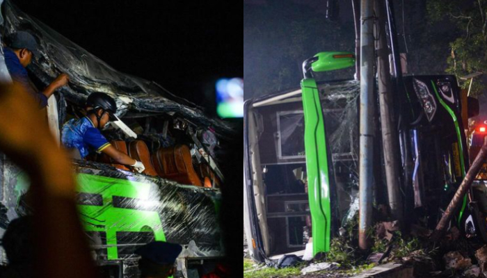 Kecelakaan maut bus rombongan SMK Lingga Kencana Kota Depok di Ciater, Subang, Jawa Barat.