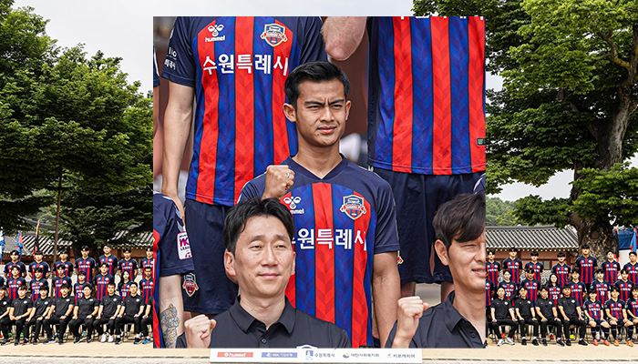 Potret skuad dan staff Suwon FC bersama Pratama Arhan