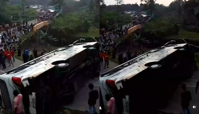 Viral video sebua bus pariwisata yang membawa rombongan warga Sleman Yogyakarta terguling di kawasan Kemuning, Karanganyar.