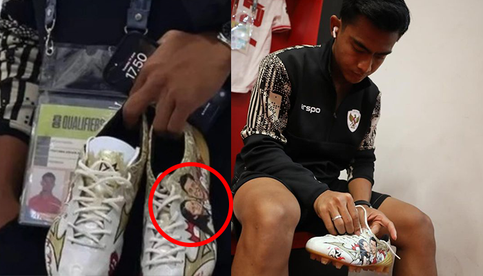 Momen Arhan menenteng sepatu bergambar istrinya, Azizah Salsha.
