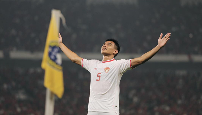 Aksi Rizky Ridho usai cetak gol ke gawang Filipina.