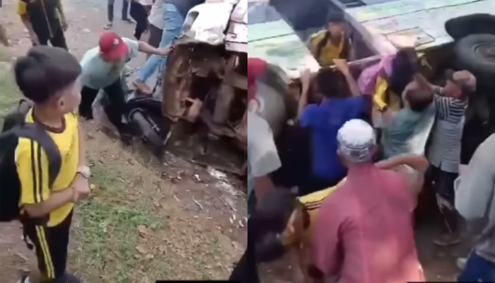 Warga saat evakuasi rombongan bocah SD yang alami kecelakaan di Jepara.