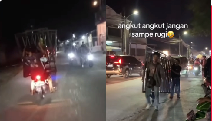 Penonton yang gagal saksikan Lentera Festival terlihat membawa pulang pagar besi di lokasi kejadian.