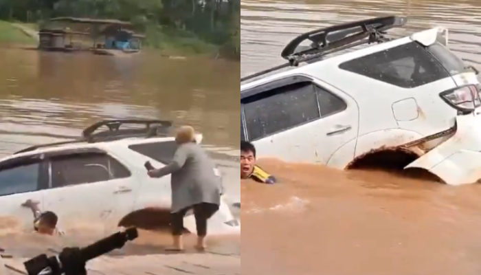 Viral detik-detik mobil yang dikendarai Kapolsek Katingan Hulu terjun ke sungai, satu orang hilang tenggelam.