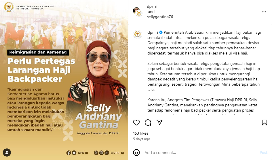 Ungggahan Instagram DPR RI soal Timwas Haji yang tampilkan sosok Selly Andriany Gantina.