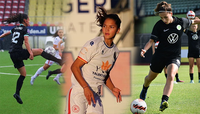 Tiga pemain keturunan Timnas Indonesia Putri, Noa Leatomu, Estella Loupatty, dan Djenna de Jong.