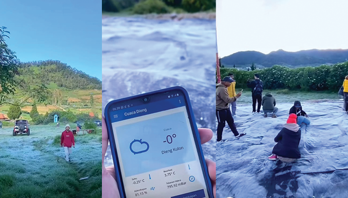 Objek Wisata di Dieng sedang dingin dinginnya sampai muncul salju.