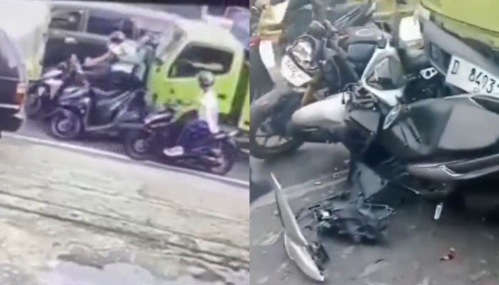 Viral CCTV motor terjepit truk yang alami rem blong di CIanjur.