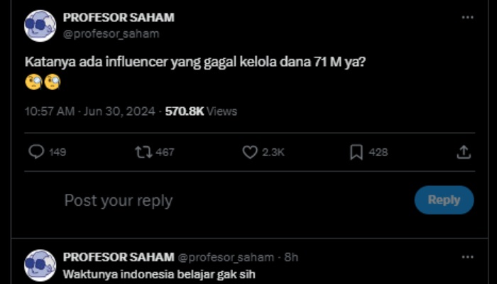 Influencer saham dirumorkan gagal kelola dana Rp71 miliar milik para member.