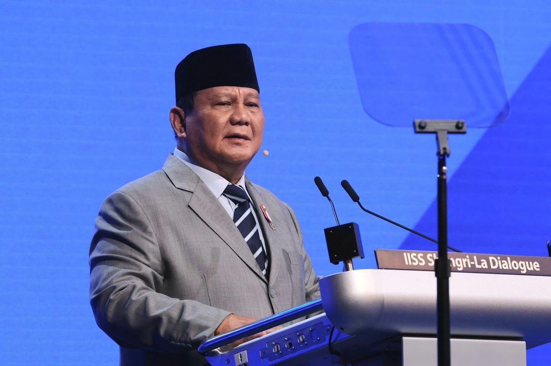 Prabowo Subiant saat jadi pembicara di Shangri-La Dialogue 2024.