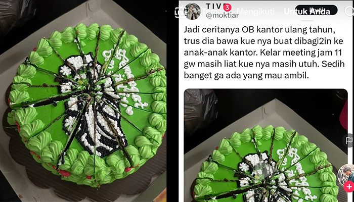 Viral kisah seorang OB membawa kue ulang tahun ke kantornya. Namun kue itu tak dimakan satupun oleh karyawan sampai selesai jam kerja.