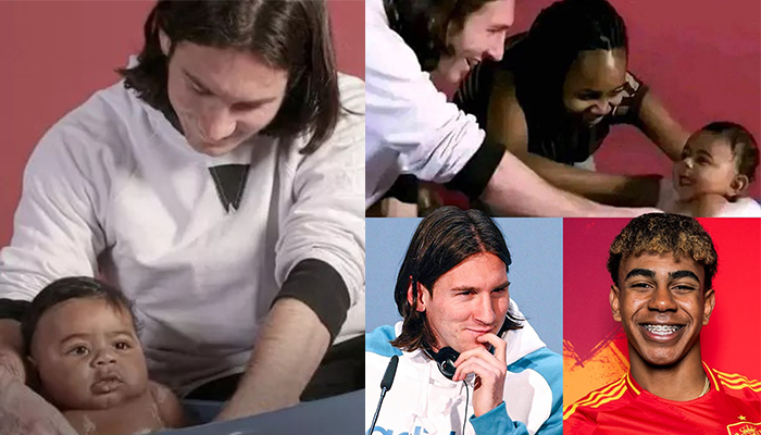 Foto Lamine Yamal dimandikan oleh Messi.