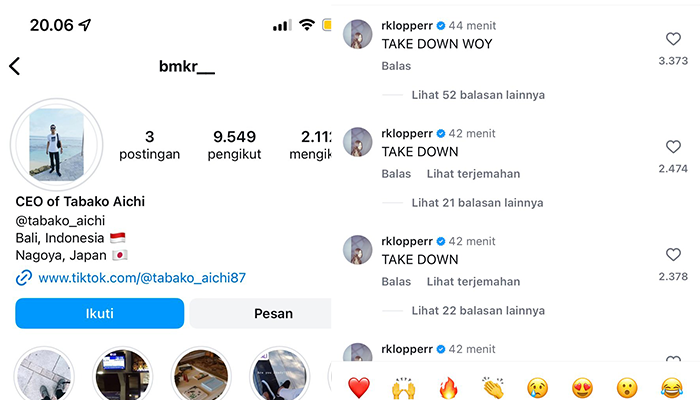 Akun instagram penyebar video kecelakaan Papa Dali dan komentar Rebecca Klopper.
