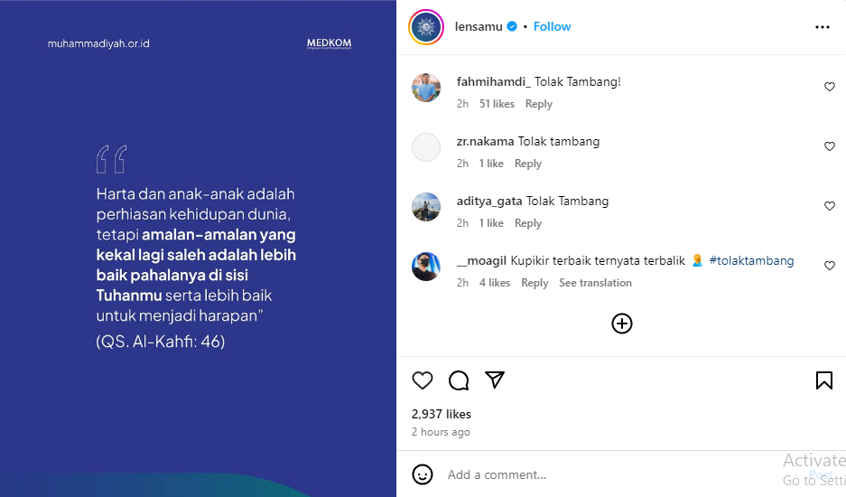 Komentar tolak tambang dari pengikut Instagram @lensamu.